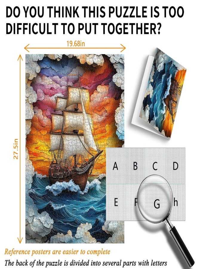 PICKFORU Sailboat 1000 Piece Puzzle for Adults, Colorful Sunset Sea Jigsaw Puzzles Boat, Gradient Ocean Stone Carving Theme Puzzle - Image 4